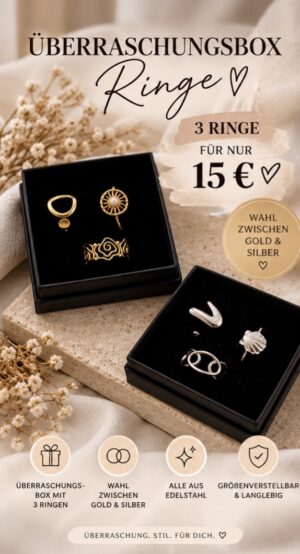 Mystery Ring Box – 3 Edelstahlringe | Gold oder Silber